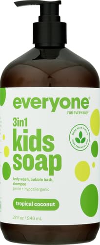 Everyone 3-in-1 Kids Soap, Body Wash, Bubble Bath, Shampoo, 32 Ounce (Pack of 4), Tropical Coconut, Coconut Cleanser with Plant Extracts and Pure Essential Oils