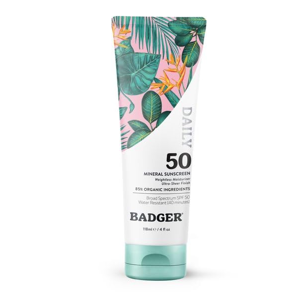 Badger SPF 50 Daily Mineral Sunscreen with Zinc Oxide, 85% Organic, Lightweight & Easy to Apply, No White Cast, Moisturizing, Reef Safe, Vegan, Unscented, 4 fl oz