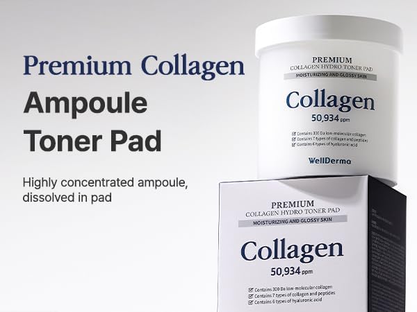 Wellderma Premium Hydro Toner Pad, 250ml / 60 Pads – Hydrating & Firming with Collagen Water 50,934ppm, 7 Peptides & 6 Hyaluronic Acids, Large 75mm Size