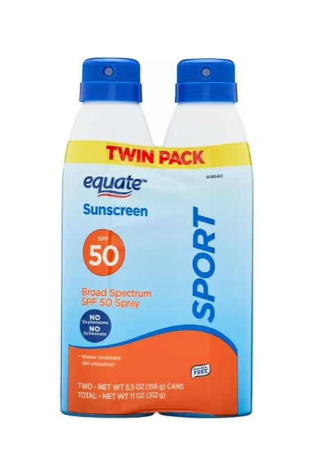 Equate Sport Broad Spectrum Sunscreen Spray, SPF 50, Water Resistant, Twin Pack, 5.5 oz Each