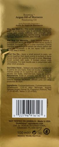 OGX Renewing + Argan Oil of Morocco,Cold-Pressed Argan Oil for Hair Penetrating Treatment & Shine,Moisturizing & Strengthening Silky-Oil for All Hair Types,Paraben-& Sulfate Free,3.3 fl oz,(Pack of 2)