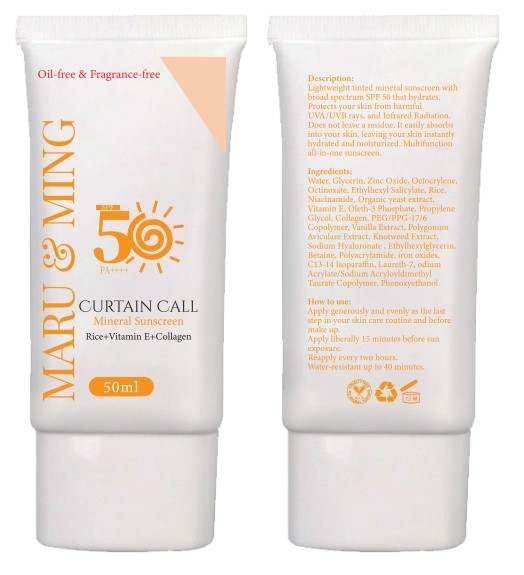 MARU & MING Curtain Call-Mineral Sunscreen SPF 50/ Collagen/Universal Tint/Fragrance-free/Moisturizer/Leaping Bunny Certified Animal Cruelty-free/All Skin Types. 50 ML/1.69 oz. 1-Pack