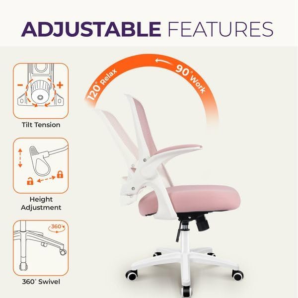 NEO Chair Office Desk Computer Gaming Ergonomic Chair with Lumbar Back Support Adjustable Height Swivel Wheels Flip-up Arms Mesh Chair for Home or Office (Pink)