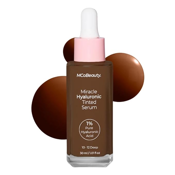MCoBeauty Miracle Hyaluronic Tinted Serum 10-12 Deep - Hydrating Skin Tint Foundation with Hyaluronic Acid Ginseng - Buildable Sheer to Medium Coverage Dewy Finish - Vegan Cruelty Free Makeup