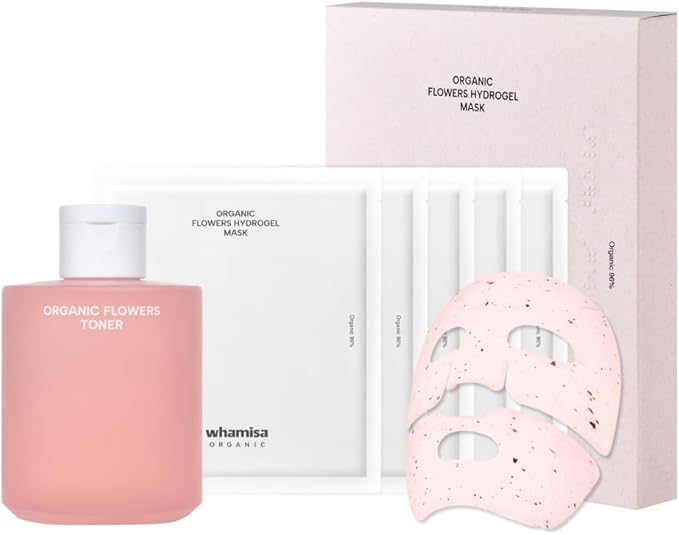 Whamisa Calming & Radiance Duo: Organic Flowers Toner Deep Rich and Hydrogel Facial Sheet Mask Bundle