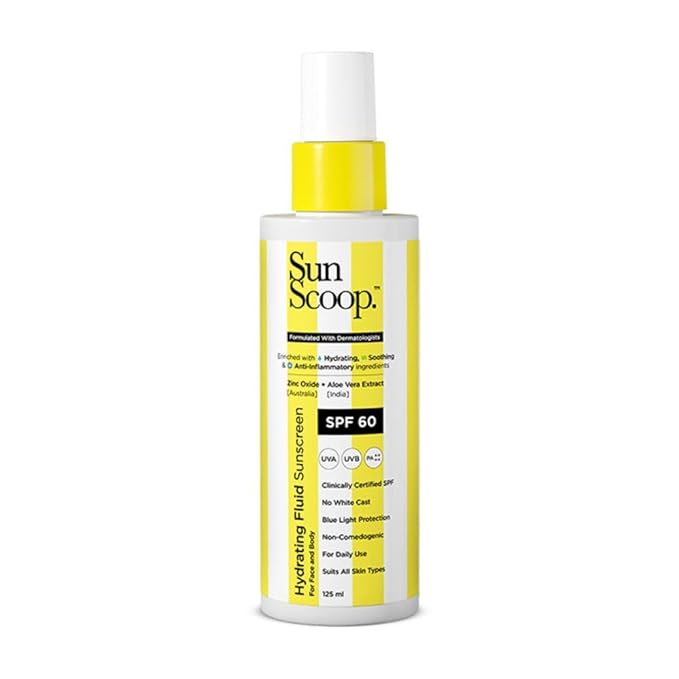 SunScoop Hydrating Face & Body Fluid Sunscreen Spray | SPF 60 PA++++ | Water Resistant With Zinc Oxide | Broad Spectrum, No White Cast, Non-Comedogenic Quick Absorbing | For Men & Women | 125ml