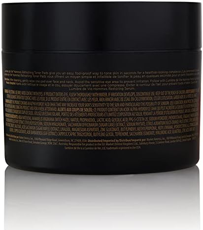 Lumière de Vie® Hommes Refreshing Toner Pads - Exfoliating & Moisturizing, Smooths Complexion, Maintains Elasticity, Paraben-Free, with Witch Hazel, Hyaluronic Acid & AHA, Single Jar (60 Pads)