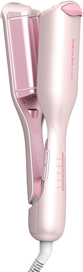 SHEGLAM Pink Beach Wave Hair Waver 0.75 inch - Lightweight Dual Voltage Crimper for Women, Smart Timer Double Barrel Tool with Adjustable Temps & Anti-Scald for Mermaid Waves on Short Hair