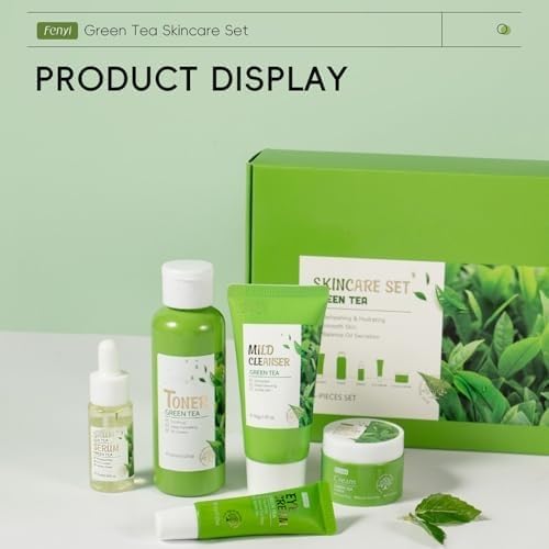 Green Tea Skincare Set, Soothe Facial Kit for Women/Teenage Girls with Cleanser, Toner, Serum, Eye Cream and Face Cream, Deep Cleaning, Oil Control, Moisturize Skincare Gifts Kits For Teen Girls