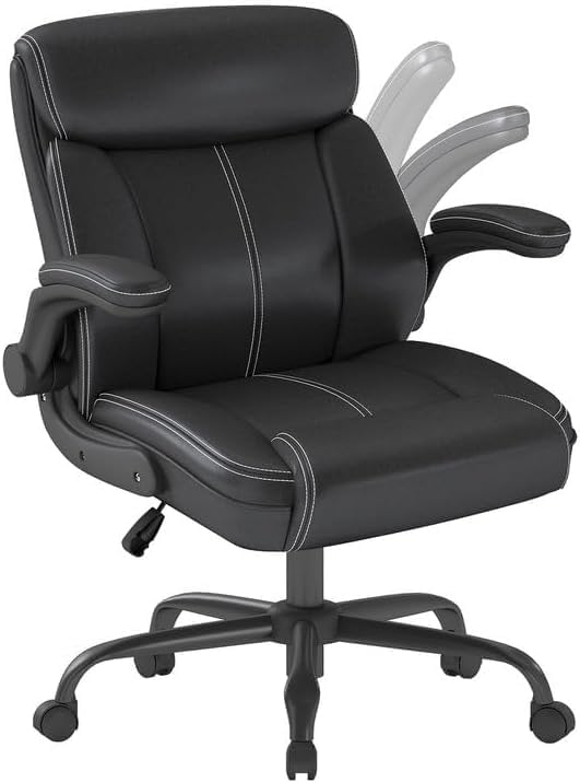 AnyGod 1Pcs Office Chair for Men Women Home Office Pu Leather High Back 360 Swivel Rocking Function Ergonomic Chair with Flip-Up Arms Lumbar Support Rolling Wheels Adjustable Height -Black Size