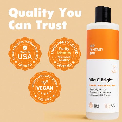 Her Fantasy Box | Vita C Bright Turmeric Body Wash – Antioxidant‐Rich Citrus Cleanser with Vitamin C & Turmeric for Radiant, Even-Looking Skin, Moisturizing Vegan Formula (16 oz)