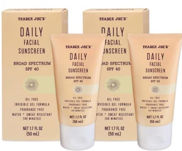 Trader Joe's Daily Facial Sunscreen Broad Spectrum SPF40, oil free invisible, gel formula, fragrance free, water + Sweat Resistance (2 Pack)