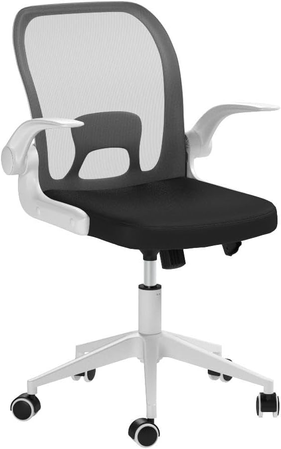 IPKIG Foldable Office Chair - Home Office Desk Chairs with Wheels and Flip-Up Arms - Ergonomic Backrest Mesh Computer Chair Adjustable Swivel Rolling Home Executive (White)