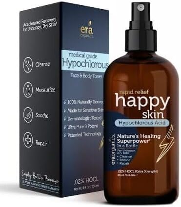 Happy Skin .02% Hypochlorous Acid Spray Toner– Extra Strength, Extra Gentle 100% Natural Toner & Skin Cleanser for Face & Body– Soothe, Hydrate & Repair Dry, Sensitive Skin– pH Balanced, Non-Toxic 8oz