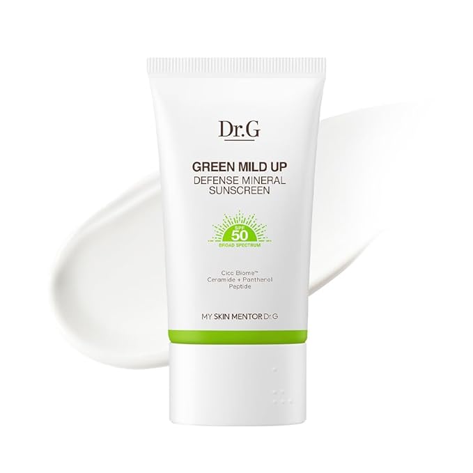 Dr. G Green Mild Up Defense Mineral Sunscreen - SPF 50 Broad Spectrum Korean Sunscreen - Lightweight & Reef-Safe Mineral Formula - For Sensitive Skin - Non-Greasy - With Centella Asiatica - 1.69 fl oz