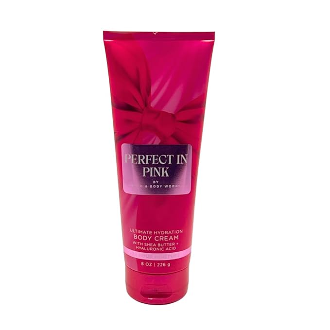 Bath & Body Works PERFECT IN PINK Fine Fragrance Mist, Ultimate Hydration Body Cream & Foaming Sugar Body Scrub 3-piece Gift Set with a Blue Bow for Holidays – Full Size