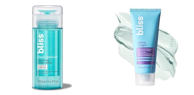 Bliss Clear Genius Clarifying Toner + Serum and Micro Magic Skin Renewing Microdermabrasion Facial Scrub - Calm Skin & Tighten Pores - Vegan & Curelty-Free