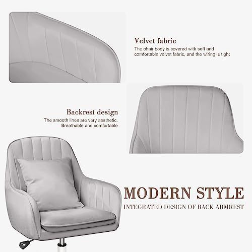 Mid Back Velvet Vanity Chair Swivel Rolling Desk Chair with Wheels, Modern Upholstered Makeup Chair for Women Girls, Computer Task Chair for Bedroom Living Room Office, Gray