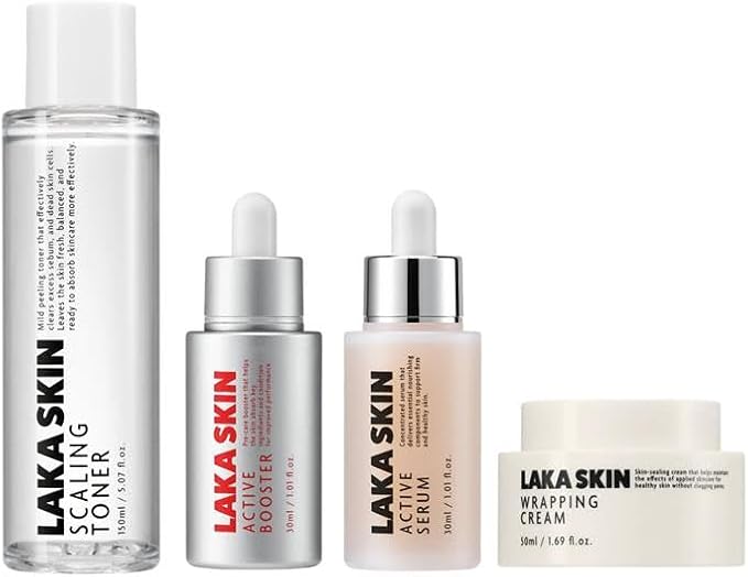 LAKA Skin 4 Step Skin Boost Routine for Firm and Radiant Skin- Scaling Toner, Active Booster, Active Serum, Wrapping Cream