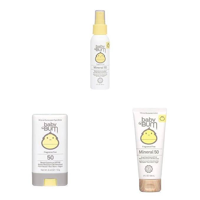 Sun Bum Baby Bum SPF 50 Sunscreen Spray | 3 FL OZ & Baby SPF 50 Sunscreen Stick, 0.45 Oz & m SPF 50 Sunscreen Lotion | Mineral UVA/UVB Face and Body Protection, 3 FL OZ