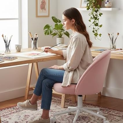 EnHomee Vanity Chair with Wheels, Pink Desk Chair with Back, Small Office Chair Armless for Makeup Room, Bedroom, Home Office