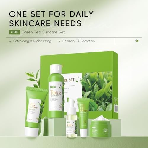 Green Tea Skincare Set, Soothe Facial Kit for Women/Teenage Girls with Cleanser, Toner, Serum, Eye Cream and Face Cream, Deep Cleaning, Oil Control, Moisturize Skincare Gifts Kits For Teen Girls