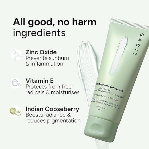 Gab-it 100% Mineral Sunscreen SPF 50+ PA++++ | Broad Spectrum UVA/UVB & Blue Light Protection | Water & Sweat Resistant | No White Cast | Zinc Oxide, Vitamin E & Oat Extract | Oil-Free | 50 ml