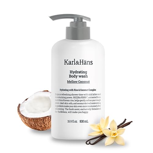 Karl&Hans Hydrating Body Wash, Korean Rice-Derived PDRN & Ceramide, Refreshing Cleanser, Skin Barrier Support, Non-Drying, with Coconut-Derived Moisturizers, 16.9 fl oz (Mellow Coconut)