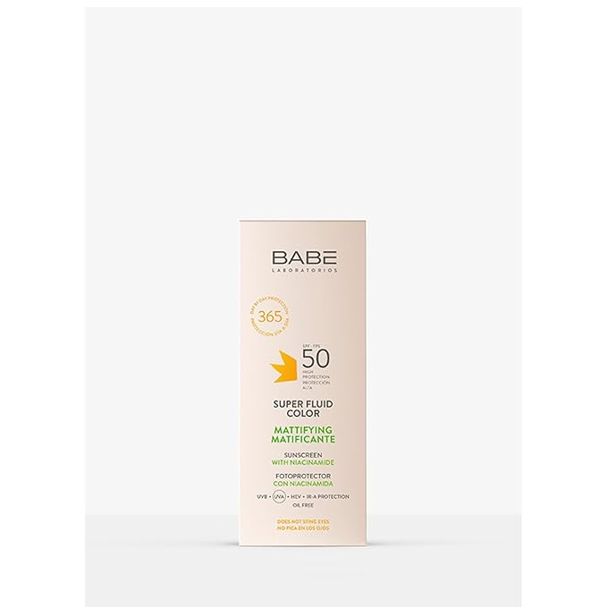 Babe Super Fluid Color Mattifying SPF 50 – Tinted Facial Sunscreen for Oily Skin – Oil-Free, Lightweight, Broad Spectrum UVA/UVB Protection – With Niacinamide & Carnosine – 50ml