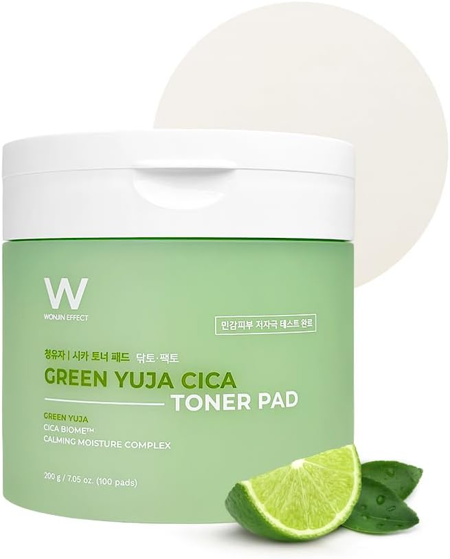 WONJIN EFFECT Green YUJA CICA Toner PAD 100 Pads 7.05 fl Oz, Vegan, Pore Care, Skin Soothing, Hydrating, PHA & BHA, CICA, Hyaluronic Acid, Panthenol, Derma-clera
