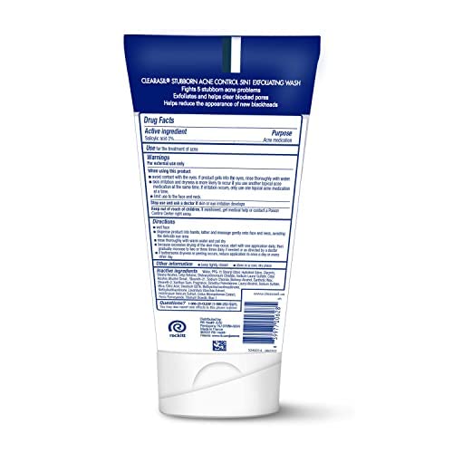 Clearasil Stubborn Acne Control 5in1 Exfoliating Wash, Maximum Strenght with 2% Salicylic Acid Acne Treatment Medicine, Daily Acne Facial Cleanser 6.78 fl oz