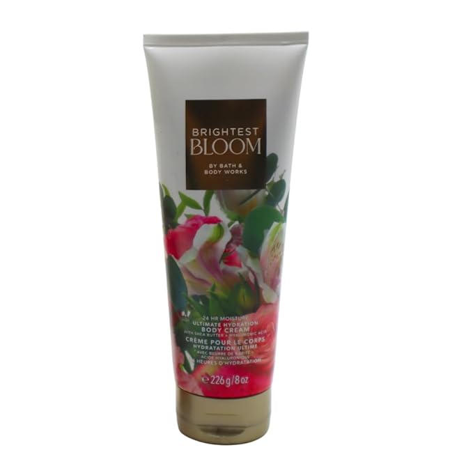 Bath & Body Works BRIGHTEST BLOOM Body Wash, Mist, Body Cream & Body Scrub 4-piece Gift Set with a Red Bow for Holidays – Full Size
