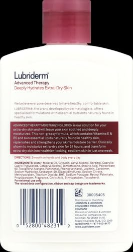 Lubriderm Advanced Therapy Fragrance-Free Moisturizing Hand & Body Lotion + Pro-Ceramide,Intense Hydration for Itchy,Extra Dry,& Sensitive Skin,Non-Greasy,Hypoallergenic,6 fl. oz,(Pack of 2)