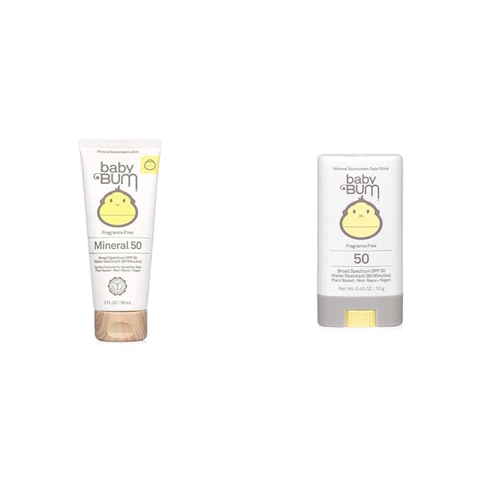 Sun Bum Baby Mineral SPF 50 Sunscreen Lotion 3 FL OZ and Mineral SPF 50 Sunscreen Stick 0.45 OZ Travel Size Bundle