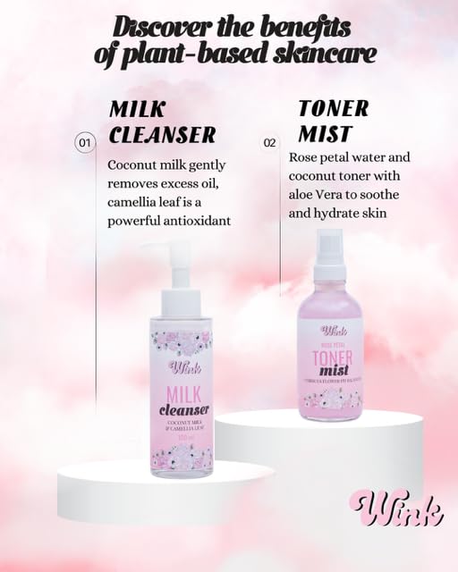 Wink Skin Care Kit for Teens | Plant-Based Facial Kit for Girls & Tweens, 4-Piece Set with Milk Cleanser, Rose Petal Toner, Face Fruit Serum & SPF Moisturizer, Mom-Approved Essential Kit for Young