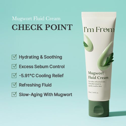 I’m From Mugwort Fluid Cream, Lightweight Calming Moisturizer, Hydrating & Skin Balancing, Sensitive Skin, Vegan Korean Skin Care 1.69fl.oz