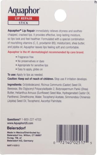 Aquaphor Lip Repair Stick, Moisturizing Lip Balm Pack, Relieves Dryness, 0.17 Oz Stick, (Pack of 4)