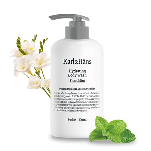 Karl&Hans Hydrating Body Wash, Korean Rice-Derived PDRN & Ceramide, Refreshing Cleanser, Skin Barrier Support, Non-Drying, with Coconut-Derived Moisturizers 16.9 fl oz (Fresh Mint)