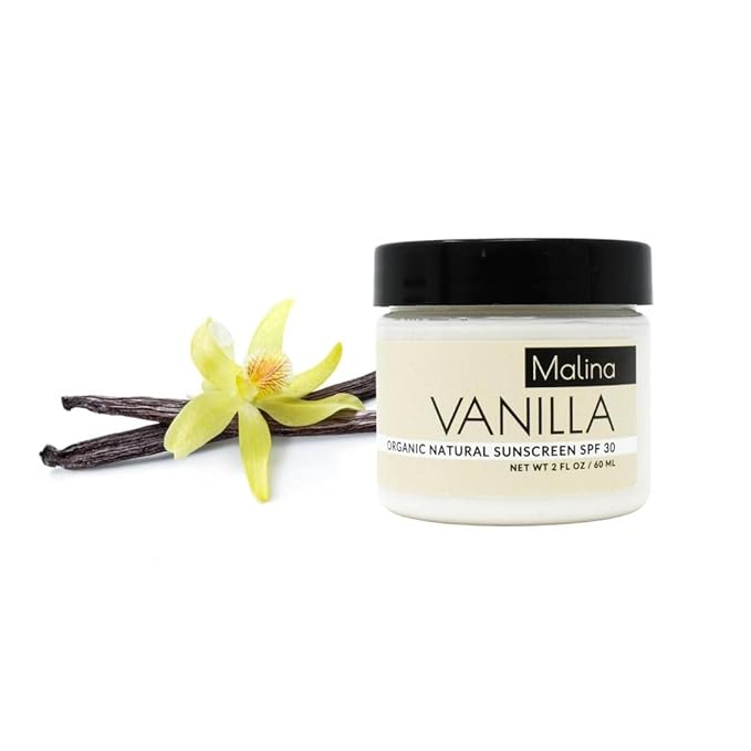 Malina™ Organic Vanilla Natural Sunscreen | SPF 30+ | Nontoxic | Baby-Safe | Reef-Safe | No Preservatives | No Synthetic Fragrance | Made With Pure Essential Oil (2 Fl Oz)