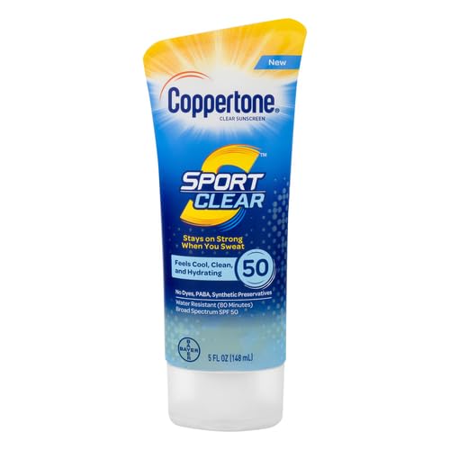 Coppertone Sport Clear SPF 50 Sunscreen Lotion, Water Resistant, Non-Greasy, Broad Spectrum UVA/UVB Protection, Clean, Cool, 5 Ounce