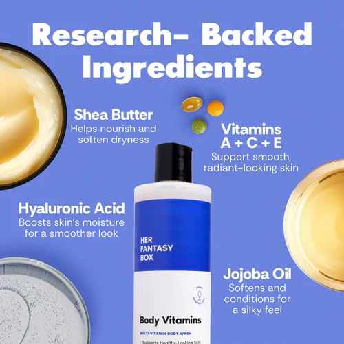 Her Fantasy Box | Body Vitamins Moisturizing Body Wash – Multi-Vitamin Cleanser with Vitamins A, B6, C & E, Hydrating & pH Balanced, Vegan & Cruelty Free, 8 oz