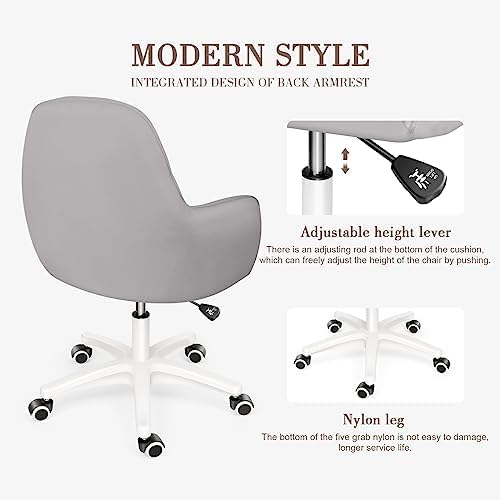 Mid Back Velvet Vanity Chair Swivel Rolling Desk Chair with Wheels, Modern Upholstered Makeup Chair for Women Girls, Computer Task Chair for Bedroom Living Room Office, Gray