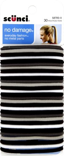 Scunci by Conair No Damage Effortless Beauty Large Multicolor Hair Ties Elastics for Women and Men, Elastic Hair Ties with No Damage in Assorted Neutral Colors, 30 Pack