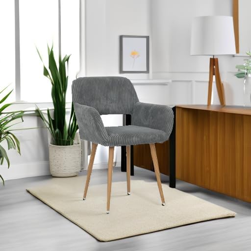 KCC Small Modern Dining Room Arm Chairs 1 Piece, Mid-Century Upholstered Corduroy Fabric Side Seat Club Guest with Metal Tube Legs for Kitchen, Living Room, Gray