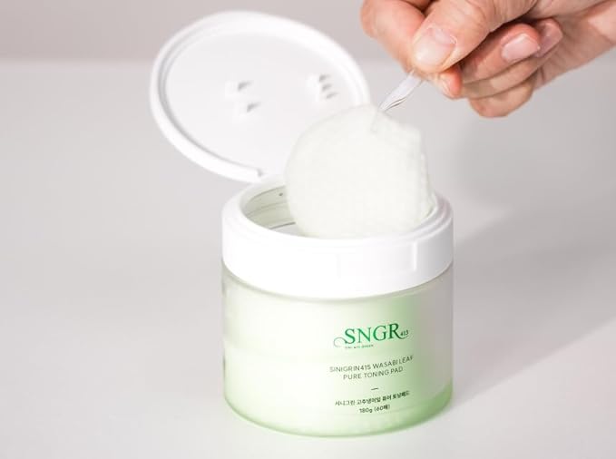 SNIGRIN Wasabi Leaf Pure Toning Pad(60Sheets) - Gentle Toner Pads for Sensitive Skin, Brightening, Soothing & Antioxidant Care