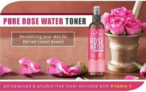 Organic Netra Rose Water with Vitamin C | Exfoliates The Skin and Controls Oil | Excellent for Clearing Away Makeup & Dirt from Pores| Mist Spray for All Skin Type | Paraben and Alcohol Free -200ml