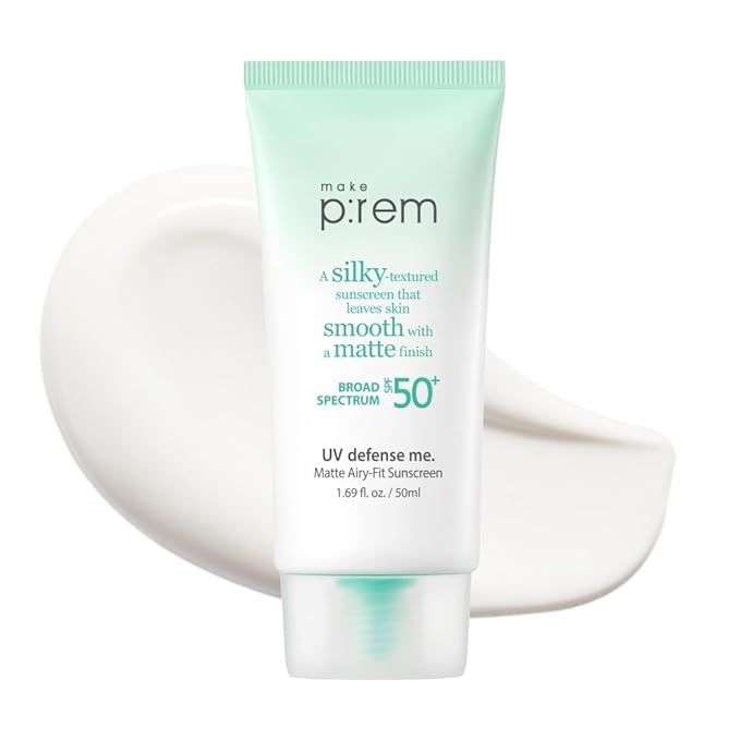 MAKE P:REM UV defense me. Matte Airy-Fit Mineral Sunscreen SPF 50, Broad Spectrum UVA/UVB Protection, Pore-Blurring Matte Finish, No Whitecast, Lightweight Daily Korean Sunscreen, 1.69 fl. oz. (50ml)
