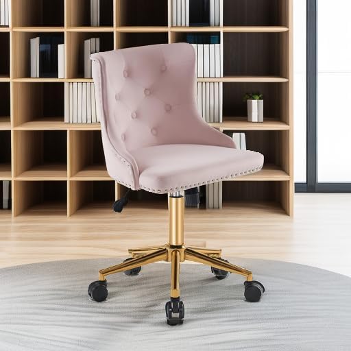 VINGLI Light Pink Velvet Armless Home Office Desk Chair with Gold Base/Wheels,Cute Vanity/Makeup Chair with Back for Bedroom, Upholstered Adjustable Rolling Swivel Nail Chair for Women/Girls