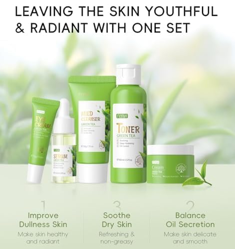 Green Tea Skincare Set, Soothe Facial Kit for Women/Teenage Girls with Cleanser, Toner, Serum, Eye Cream and Face Cream, Deep Cleaning, Oil Control, Moisturize Skincare Gifts Kits For Teen Girls