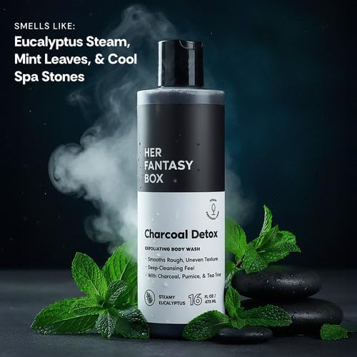 Her Fantasy Box | Charcoal Detox Exfoliating Body Wash – Activated Charcoal & Pumice Deep Cleanser with Tea Tree & Eucalyptus, Refreshing Exfoliation for Smoother Skin, Vegan & pH Balanced (8 oz)